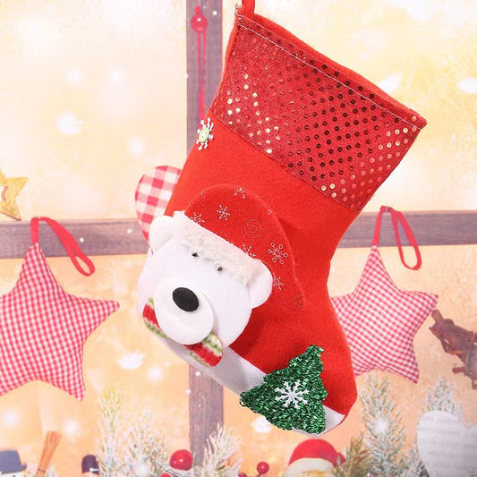 E4-3 Winter Bear Sequin Christmas Stocking(25x19CM) - Glitter Hanging Gift Bag for Tree Decor