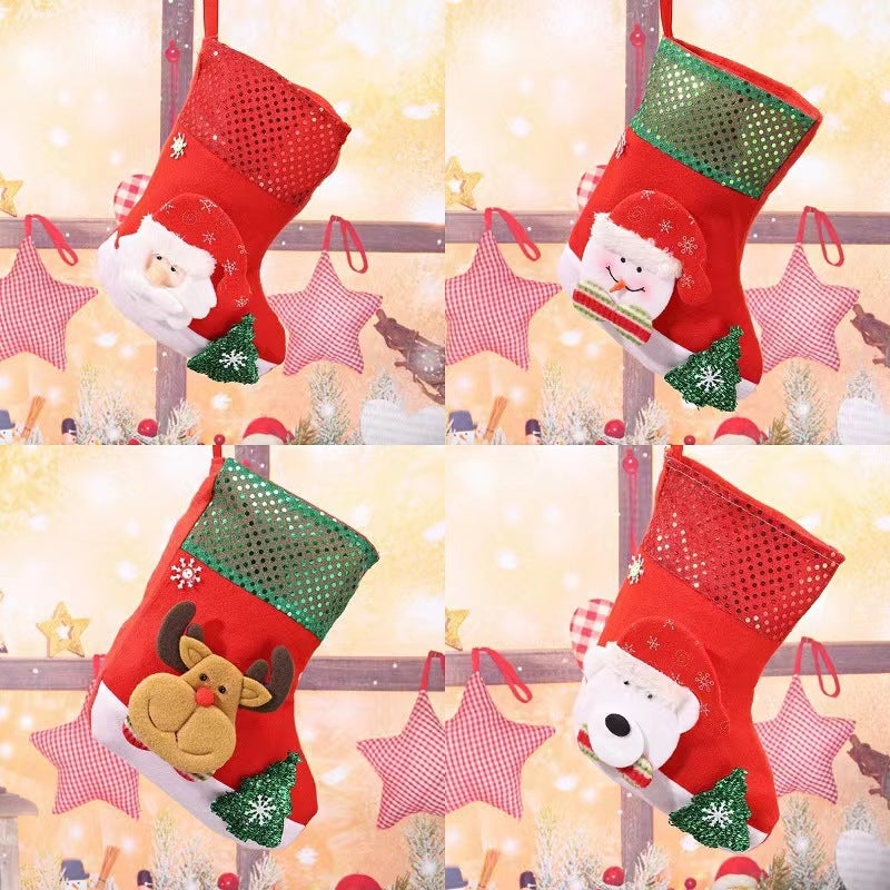E4-3 Winter Bear Sequin Christmas Stocking(25x19CM) - Glitter Hanging Gift Bag for Tree Decor