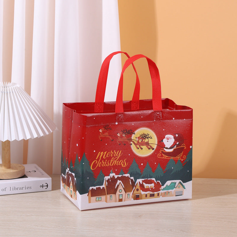 8-Pack New Christmas Red Non-Woven Tote Bags(32 x 25 x 17 CM) - Santa Sleigh & Forest Design, Holiday Reusable Gift Carrier Bags
