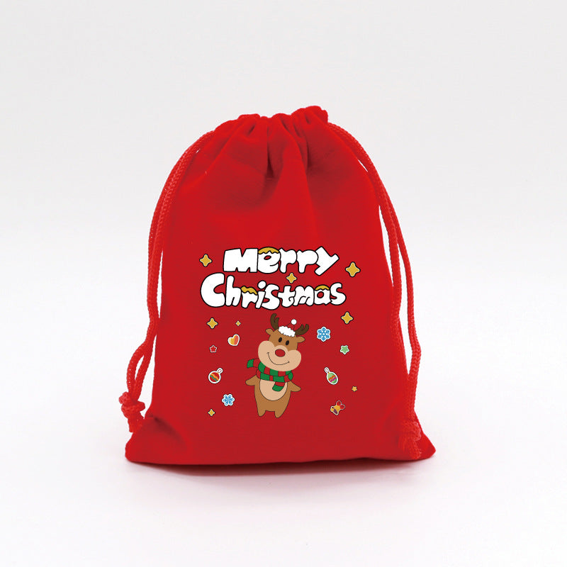 2-Pack Luxury Red Velvet Christmas Elk Gift Bag(13x18CM) - Festive Drawstring Storage Bag for Candy, Gifts & Apple Packaging