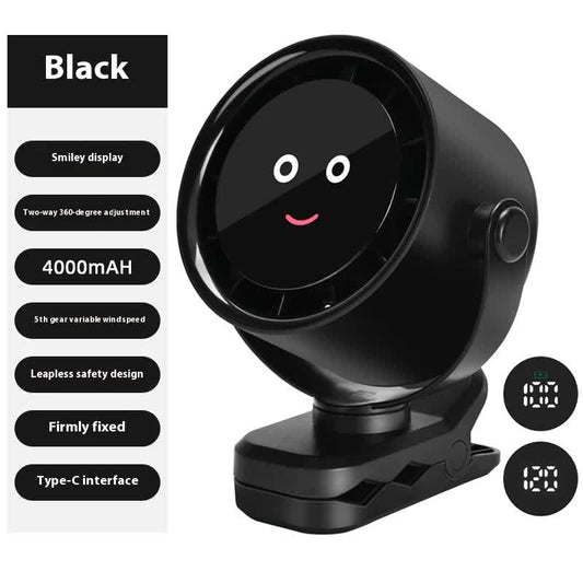Black Portable Stroller Fan with LED Display - Bladeless Safety Clip-On Fan for Baby & Desk (4000mAh, 360 degree Rotation)
