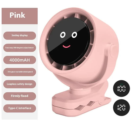 Pink Portable Stroller Fan with LED Display - Bladeless Safety Clip-On Fan for Baby & Desk (4000mAh, 360 degree Rotation)