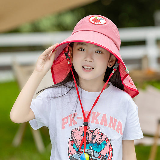 Red Kids UV Protection Sun Hat - Breathable Wide Brim Bucket Hat with Neck Flap for Summer Beach & Outdoor Play