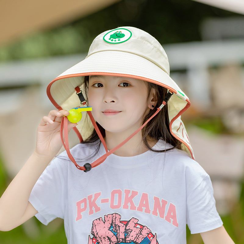 White Kids UV Protection Sun Hat - Breathable Wide Brim Bucket Hat with Neck Flap for Summer Beach & Outdoor Play