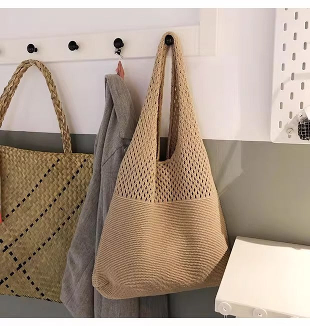 Beige rhombus Bohemian Knit Shoulder Bag - Hand-Woven Crochet Tote for Women