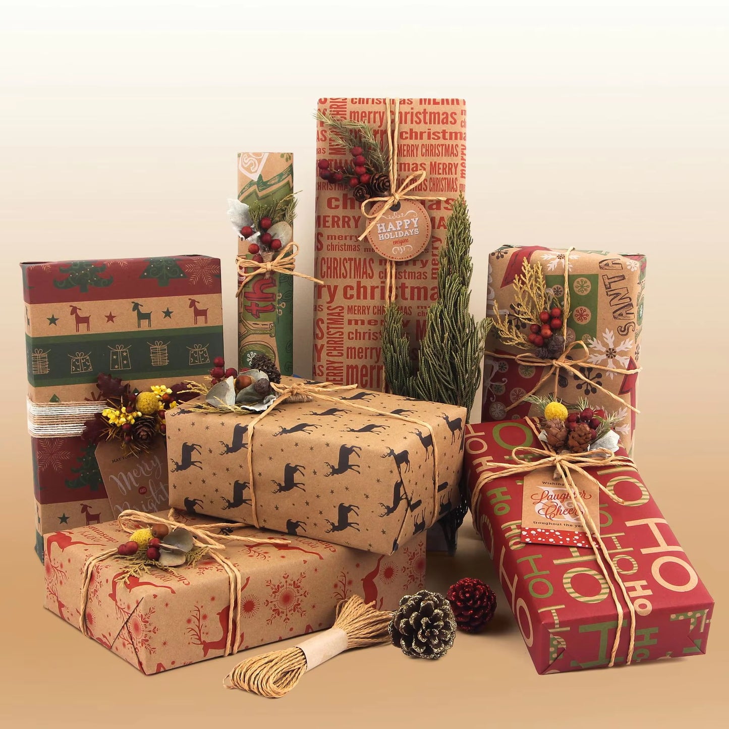 Christmas Gift Wrapping Paper 6-Pack - Vintage Kraft Style for Holiday Presents, 70x50cm