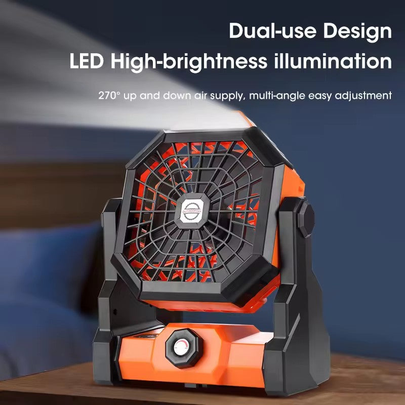Black and orange Portable Outdoor Camping Fan with LED Light - Rechargeable USB Tent Fan for Australia