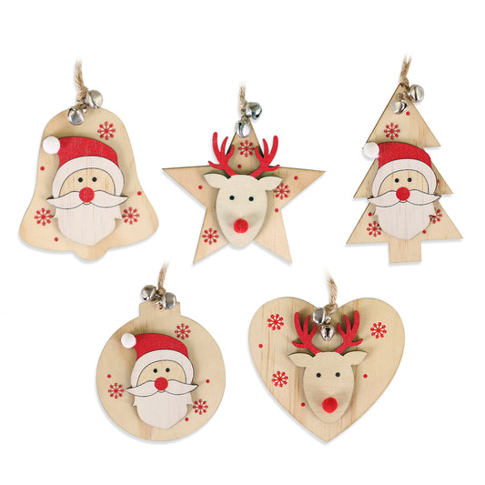 5 SET Rustic Wooden Christmas Hanging Ornaments with Bells - Santa, Reindeer, Tree & More (5 Designs)