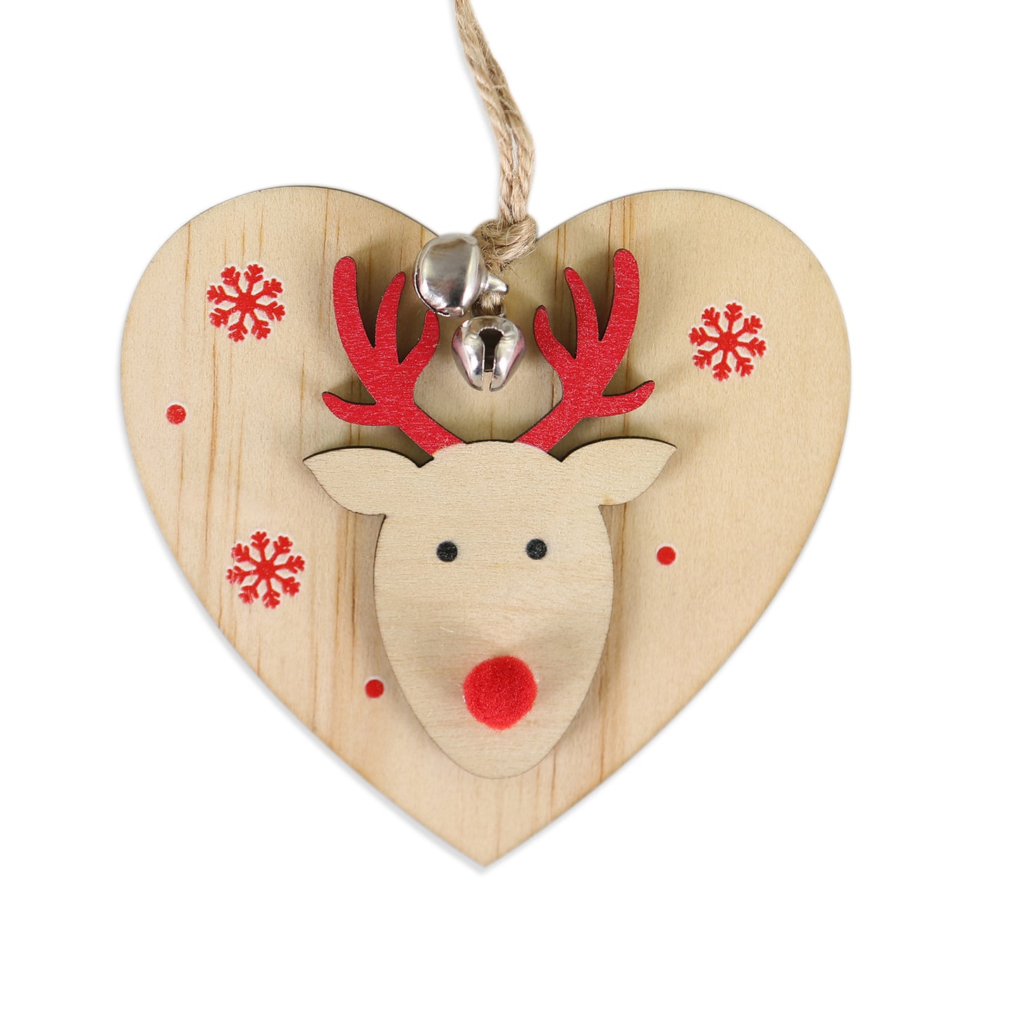 5 SET Rustic Wooden Christmas Hanging Ornaments with Bells - Santa, Reindeer, Tree & More (5 Designs)