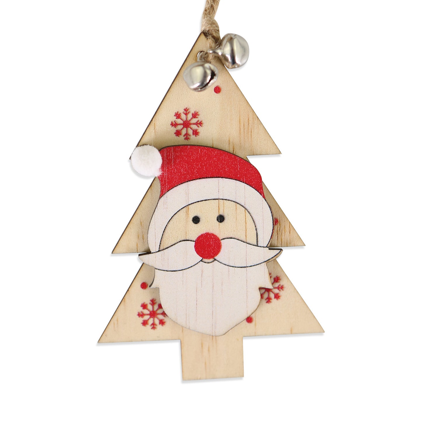 5 SET Rustic Wooden Christmas Hanging Ornaments with Bells - Santa, Reindeer, Tree & More (5 Designs)
