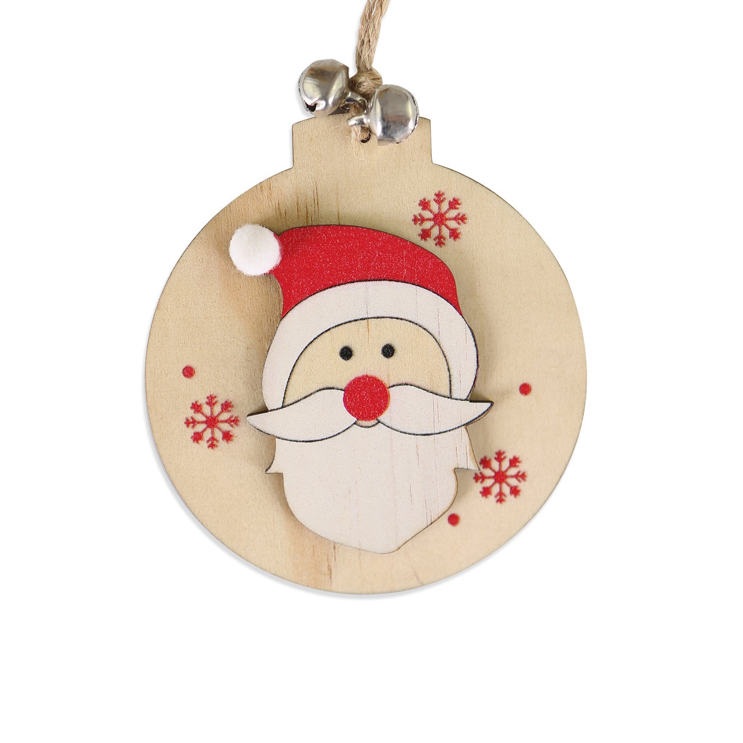 5 SET Rustic Wooden Christmas Hanging Ornaments with Bells - Santa, Reindeer, Tree & More (5 Designs)