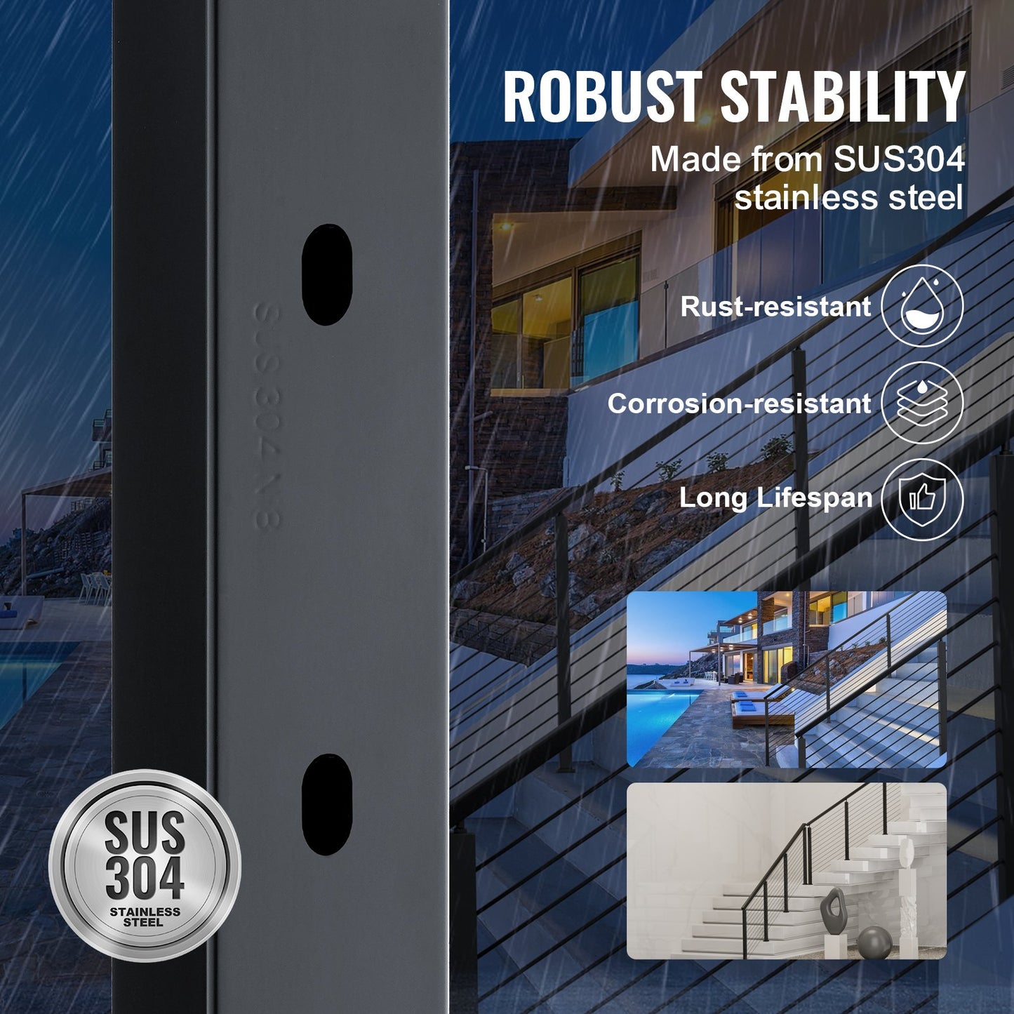 VEVOR Cable Railing Post, 36" x 1" x 2" Angled Hole Stair Railing Post, 10 Pre-Drilled Holes, SUS304 Stainless Steel Cable Rail Post with Horizontal and Curved Bracket, 1-Pack, Black, 91.4*2.5*5 cm