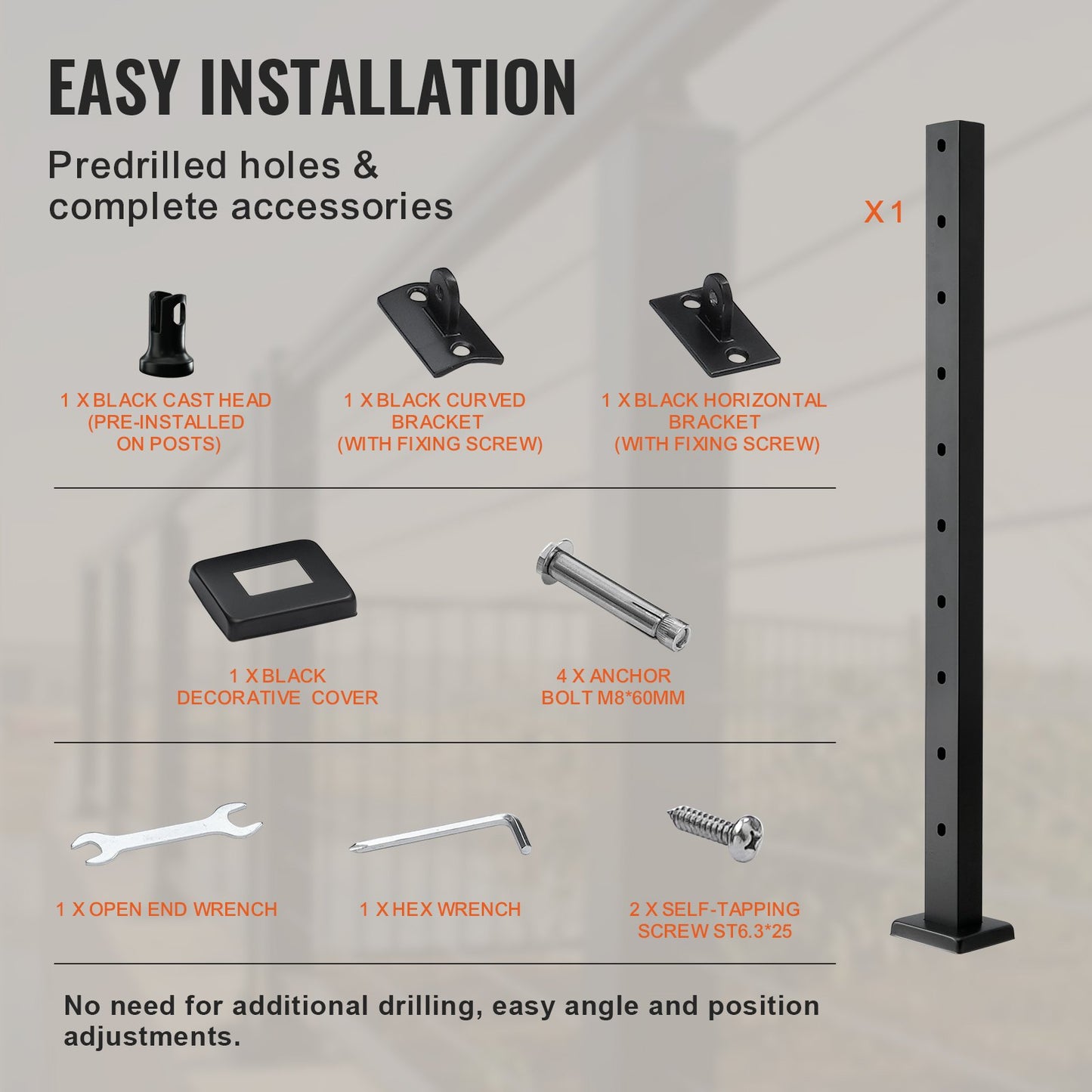 VEVOR Cable Railing Post, 36" x 1" x 2" Angled Hole Stair Railing Post, 10 Pre-Drilled Holes, SUS304 Stainless Steel Cable Rail Post with Horizontal and Curved Bracket, 1-Pack, Black, 91.4*2.5*5 cm