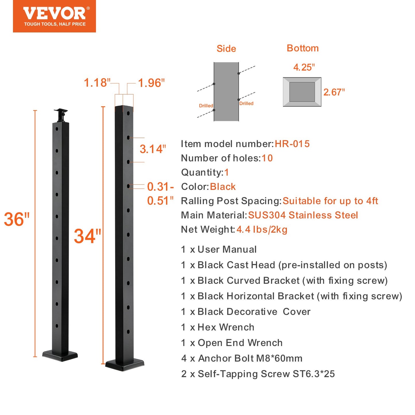 VEVOR Cable Railing Post, 36" x 1" x 2" Angled Hole Stair Railing Post, 10 Pre-Drilled Holes, SUS304 Stainless Steel Cable Rail Post with Horizontal and Curved Bracket, 1-Pack, Black, 91.4*2.5*5 cm