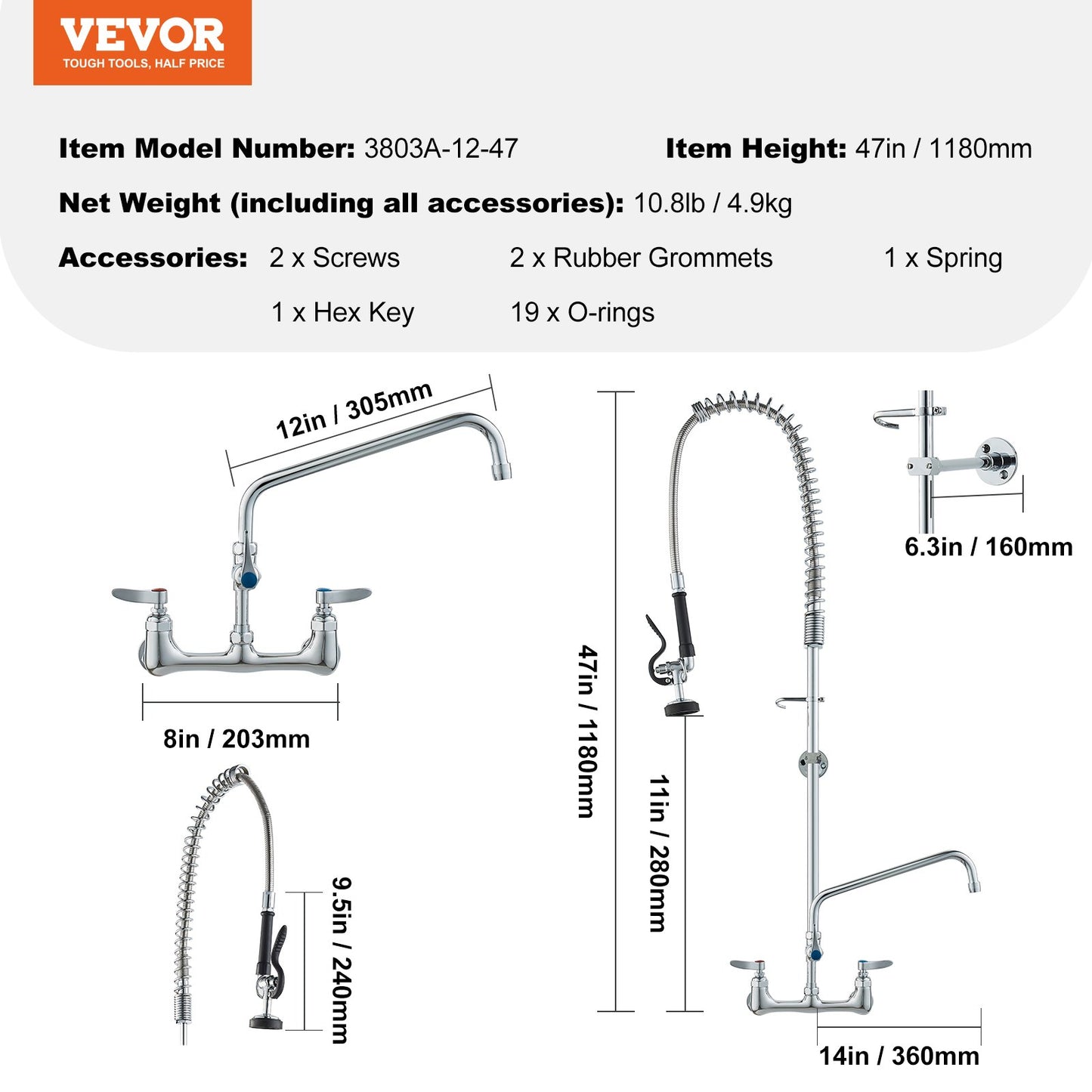 VEVOR Commercial Faucet with Pre-Rinse Sprayer, 47" Height, 8" Center, 12" Swing Spout, Wall Mount Kitchen Sink Faucet, Brass Constructed Device with Pull Down Spray, for 1/2/3 Compartment Sink