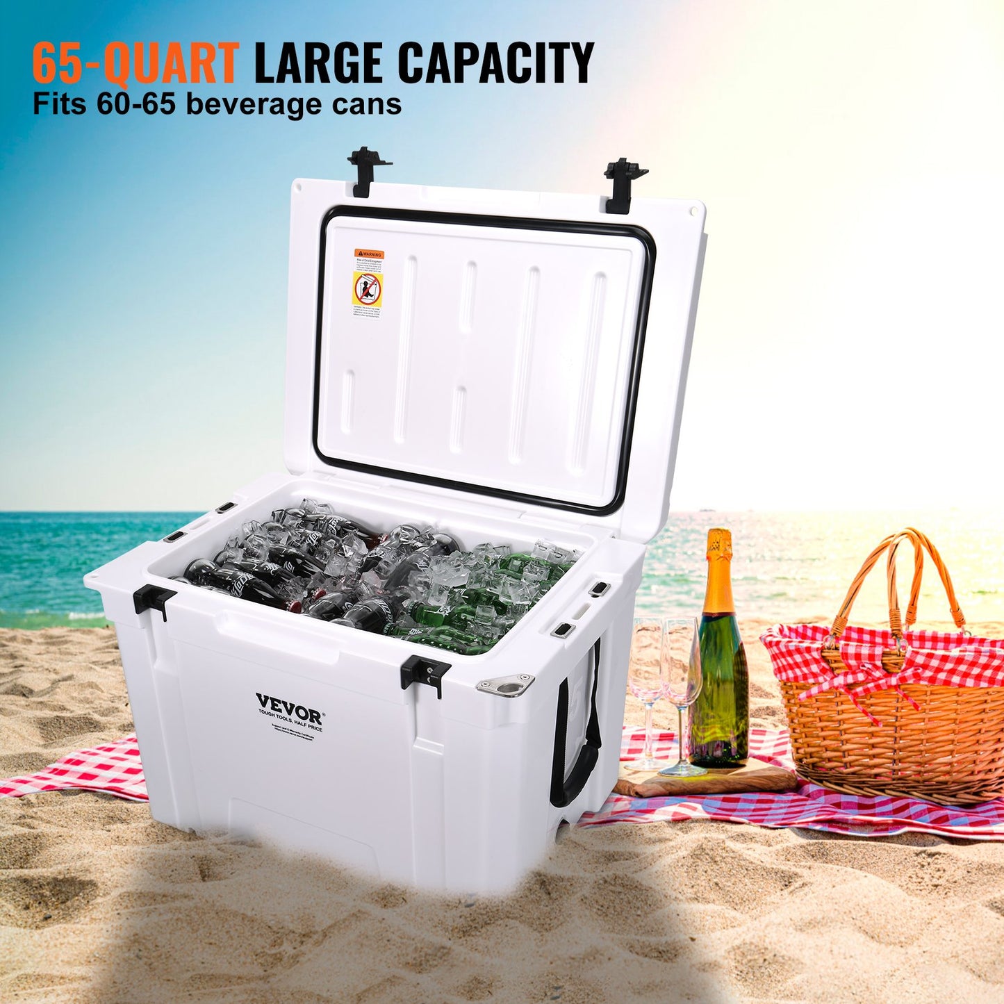 VEVOR Insulated Portable Cooler, 65 qt, Holds 65 Cans, Ice Retention Hard Cooler with Heavy Duty Handle, Ice Chest Lunch Box for Camping, Beach, Picnic, Travel, Outdoor, Keeps Ice for up to 6 Days