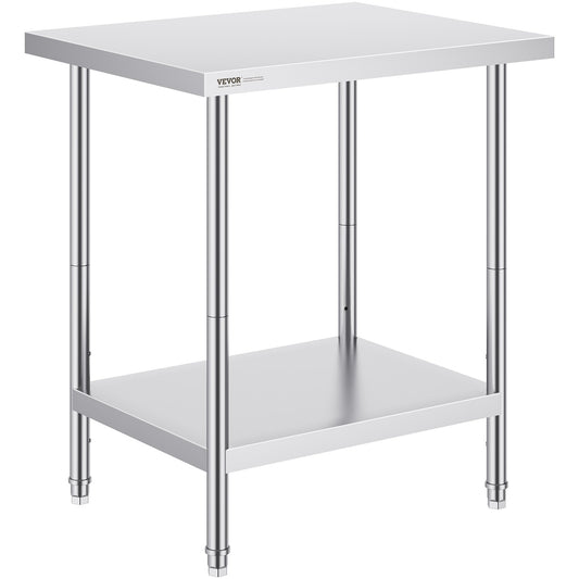 VEVOR Stainless Steel Prep Table, 24 x 30 x 34 Inch, Heavy Duty Metal Worktable with 3 Adjustable Height Levels, Commercial Workstation for Kitchen Garage Restaurant Backyard