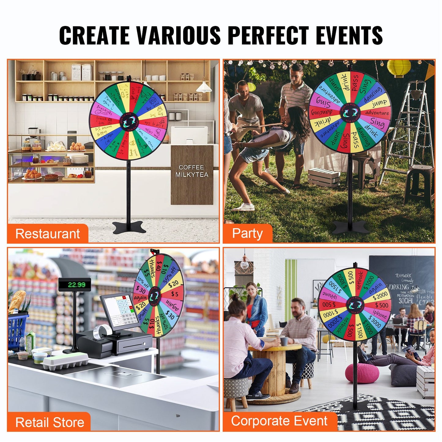 VEVOR 36 inch Spinning Prize Wheel, 18 Slots Spinning Wheel, Roulette Wheel with a Dry Erase and 2 Markers, Tabletop or Floor Standing Win Fortune Spin Games in Party Pub Trade Show Carnival