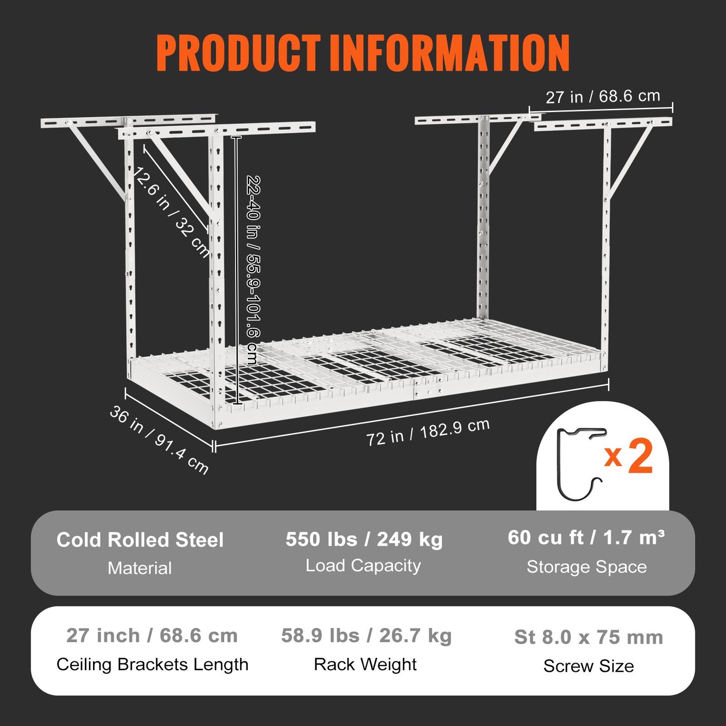 VEVOR Overhead Adjustable Garage Storage Rack 36x72in Ceiling Rack 550lbs White