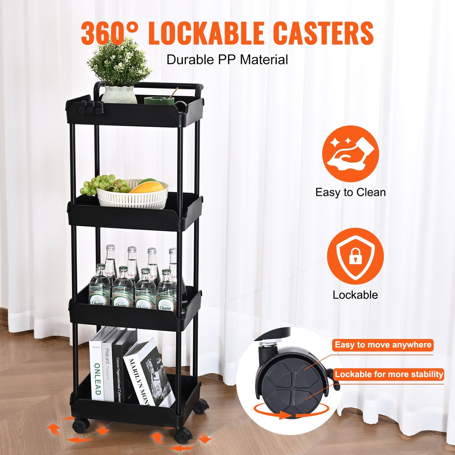 VEVOR 4-Tier Kitchen Rolling Cart Basket Utility Cart on Wheel with Handle Black