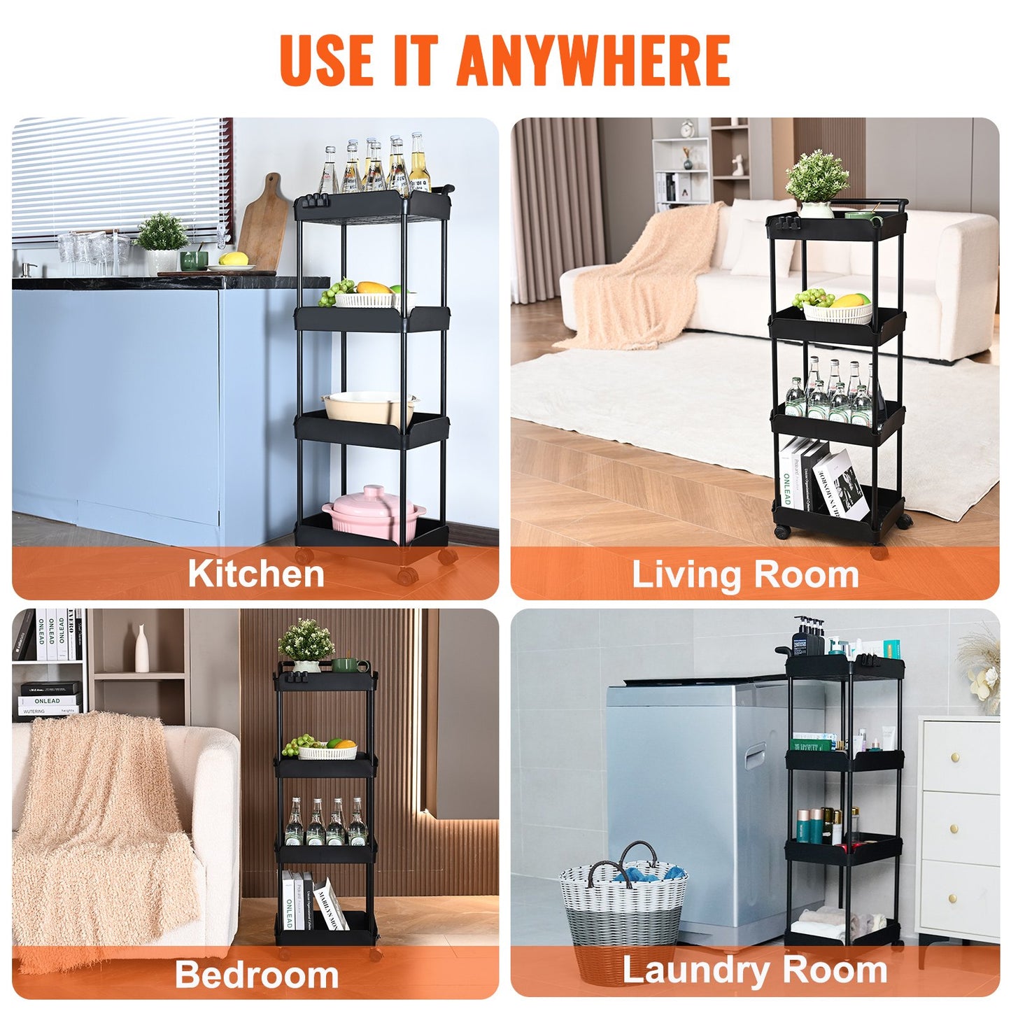 VEVOR 4-Tier Kitchen Rolling Cart Basket Utility Cart on Wheel with Handle Black