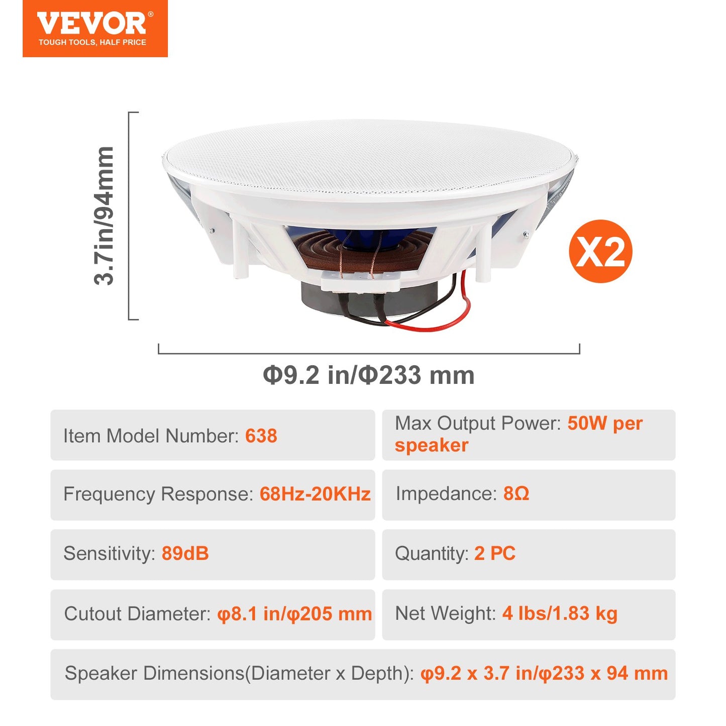 VEVOR 2 PCs 203.2 mm in Ceiling Speakers, 50-Watts, Flush Mount Ceiling & in-Wall Speakers System with Impedance 89dB Sensitivity, for Home Kitchen Living Room Bedroom or Covered Outdoor Porches