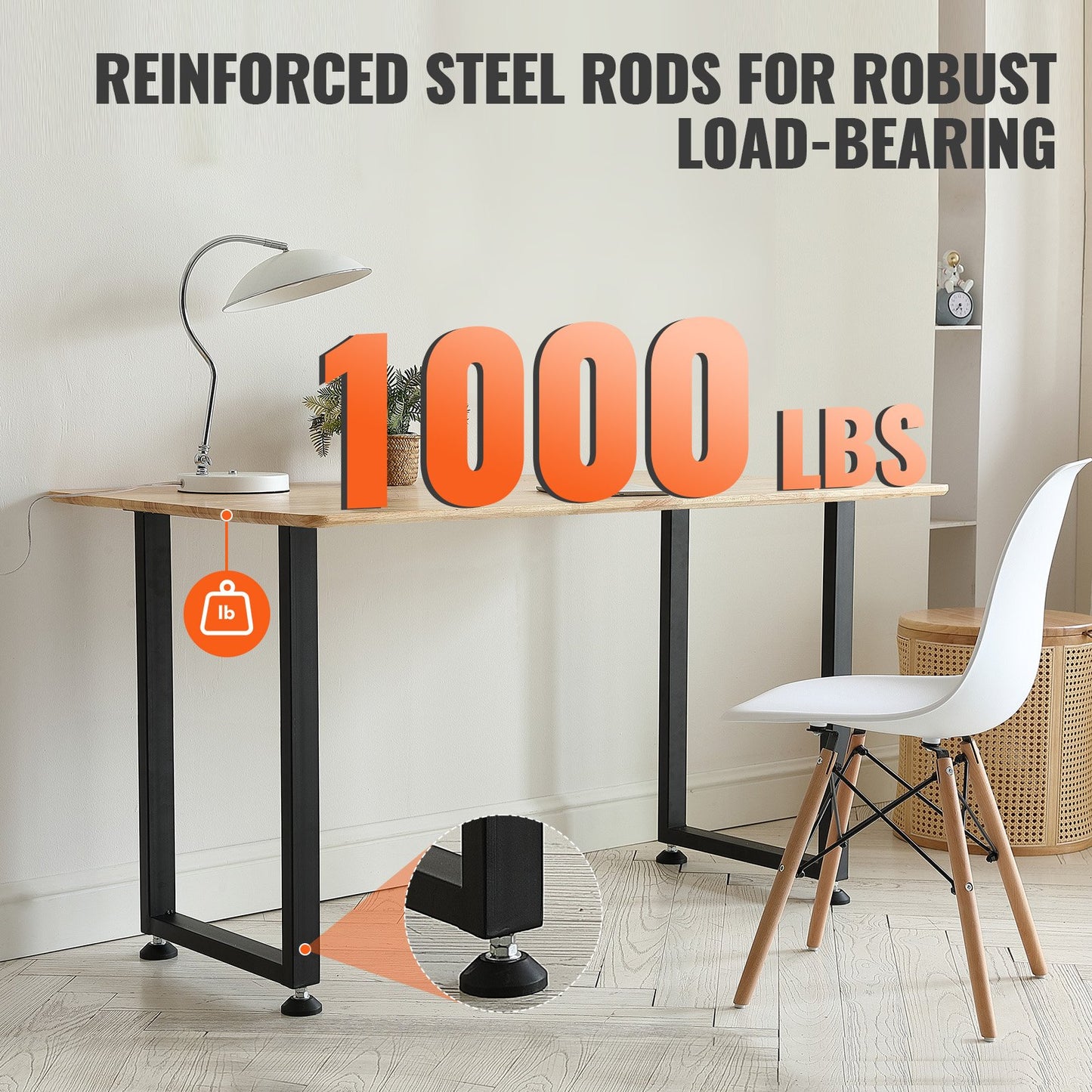 VEVOR 711.2MM Adjustable Furniture Legs, Square Reinforced Steel Office Table legs Set of 2 for DIY, Max Load 453.6KG Heavy Duty Desk Legs, Quick Instalation & Rich Accessories Legs Black