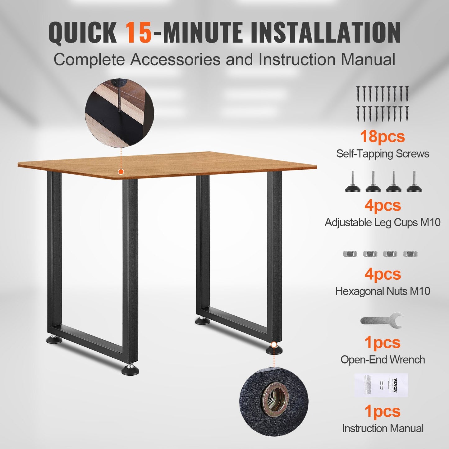 VEVOR 711.2MM Adjustable Furniture Legs, Square Reinforced Steel Office Table legs Set of 2 for DIY, Max Load 453.6KG Heavy Duty Desk Legs, Quick Instalation & Rich Accessories Legs Black