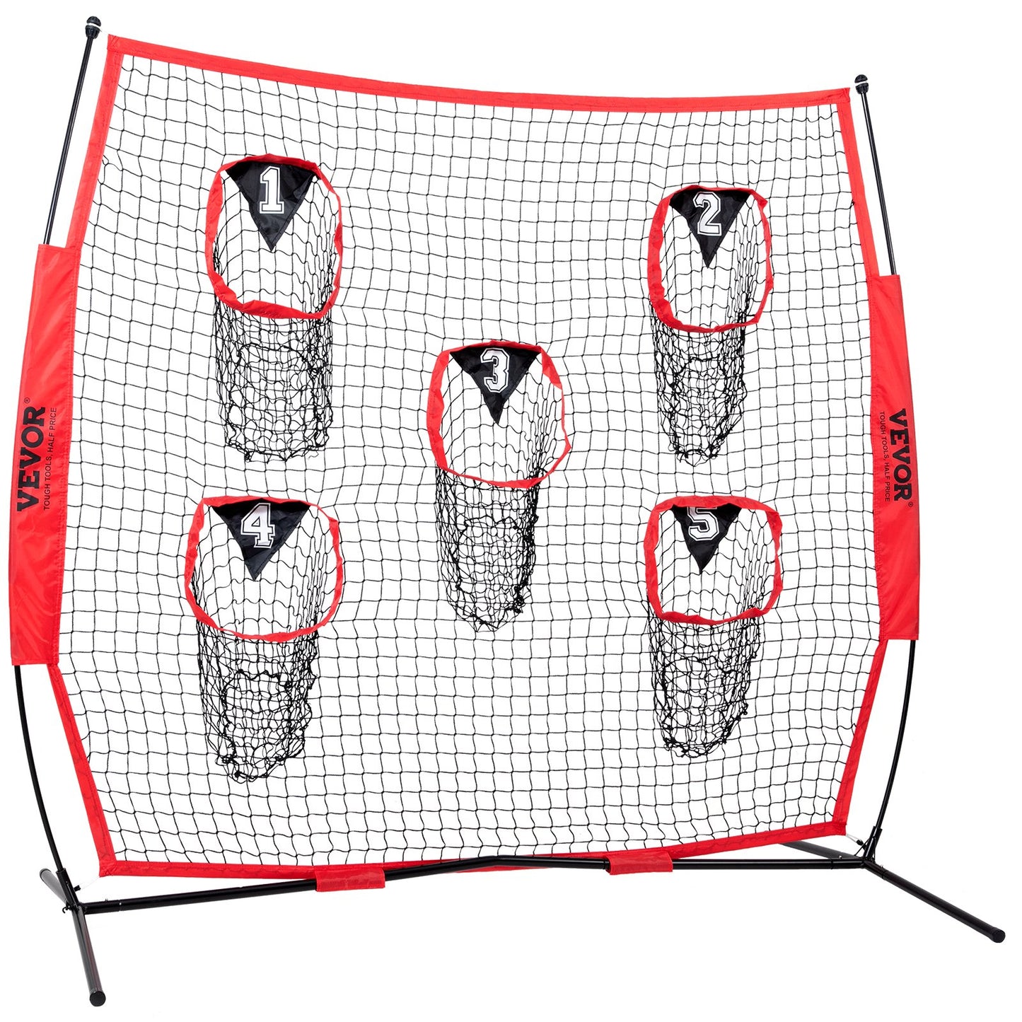 VEVOR 8 x 8 ft Football Trainer Throwing Net, Training Throwing Target Practice Net with 5 Target Pockets, Knotless Net Includes Bow Frame and Portable Carry Case, Improve QB Throwing Accuracy, Red