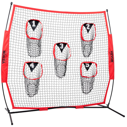 VEVOR 8 x 8 ft Football Trainer Throwing Net, Training Throwing Target Practice Net with 5 Target Pockets, Knotless Net Includes Bow Frame and Portable Carry Case, Improve QB Throwing Accuracy, Red