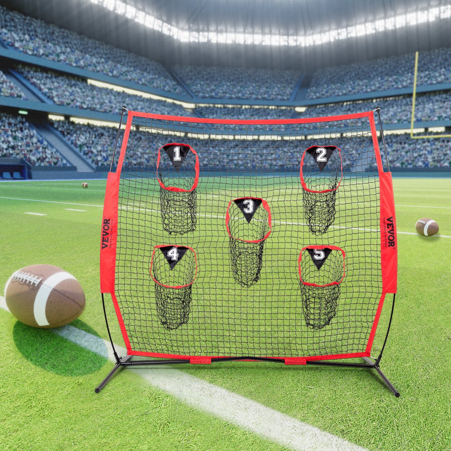 VEVOR 8 x 8 ft Football Trainer Throwing Net, Training Throwing Target Practice Net with 5 Target Pockets, Knotless Net Includes Bow Frame and Portable Carry Case, Improve QB Throwing Accuracy, Red