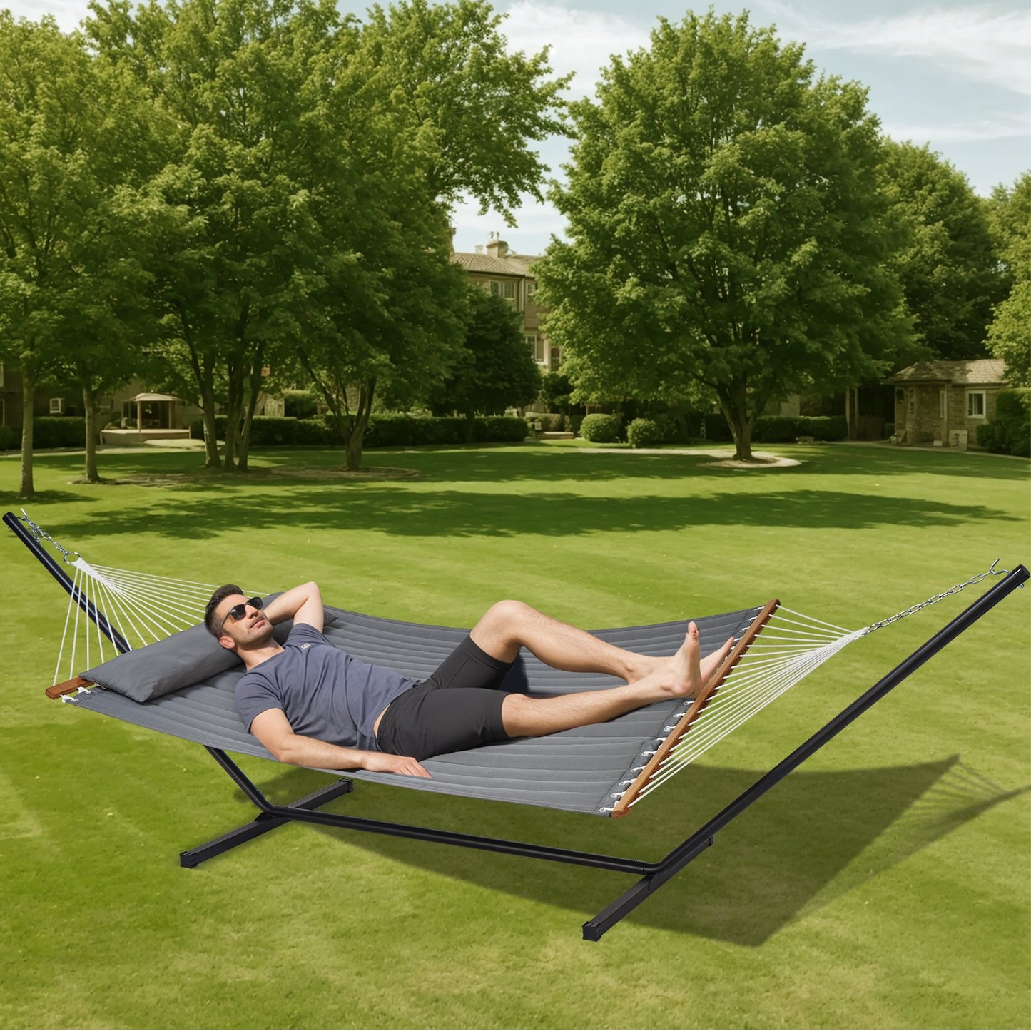 VEVOR Double Quilted Fabric Hammock Two Person Hammock with Stand 480lb Capacity
