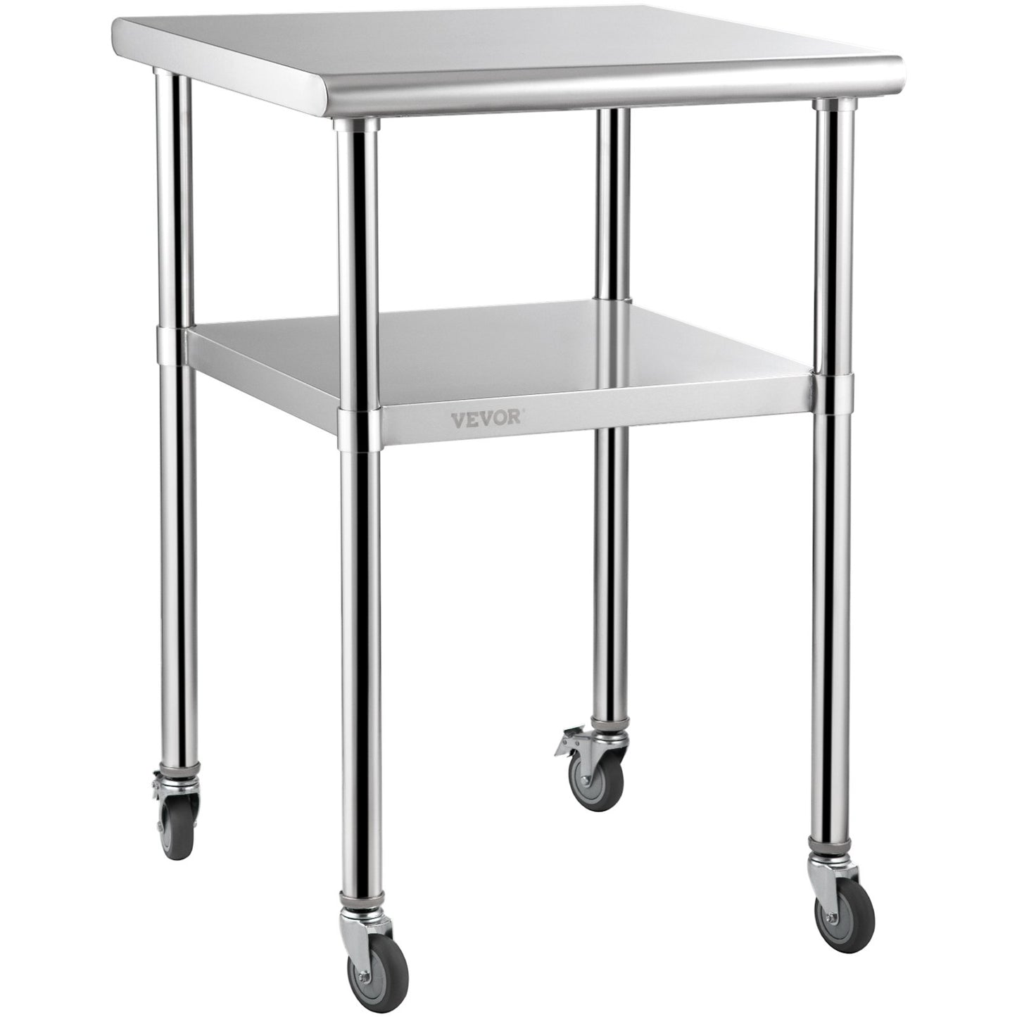 VEVOR Stainless Steel Prep Table, 61 x 61 x 91.4 cm, 600lbs Load Capacity Heavy Duty Metal Worktable with Adjustable Undershelf & Universal Wheels, Commercial Workstation for Kitchen Garage Backyard