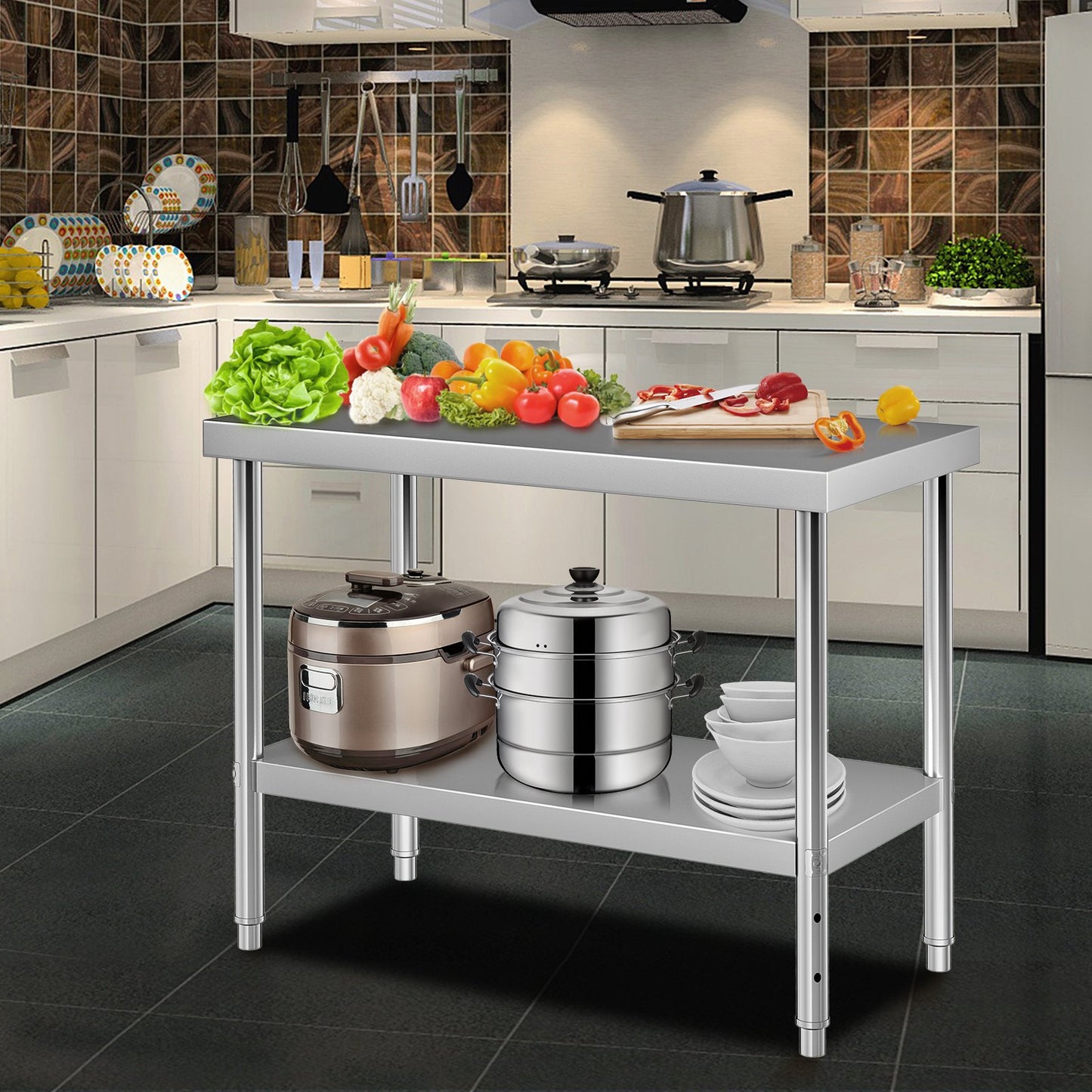 VEVOR Stainless Steel Prep Table, 122 x 46 x 86 cm, 250kg Load Capacity Heavy Duty Metal Worktable with Adjustable Undershelf, Commercial Workstation for Kitchen Restaurant Garage Backyard