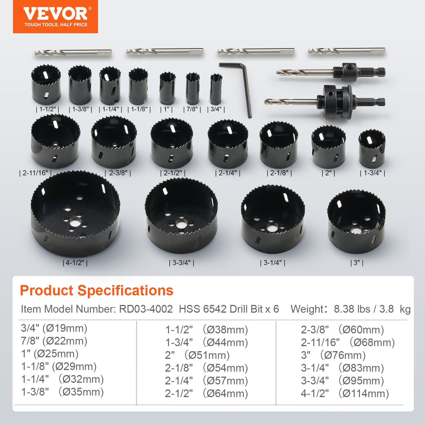 VEVOR Hole Saw Kit, 18 PCS Saw Blades, 6 Drill Bits, 1 Hex Wrench, Bi Metal M42 Hole Saw Set with Carrying Case, General Purpose Size from 3/4" to 4-1/2", Ideal for Wood Board, Iron and Plastic Plate