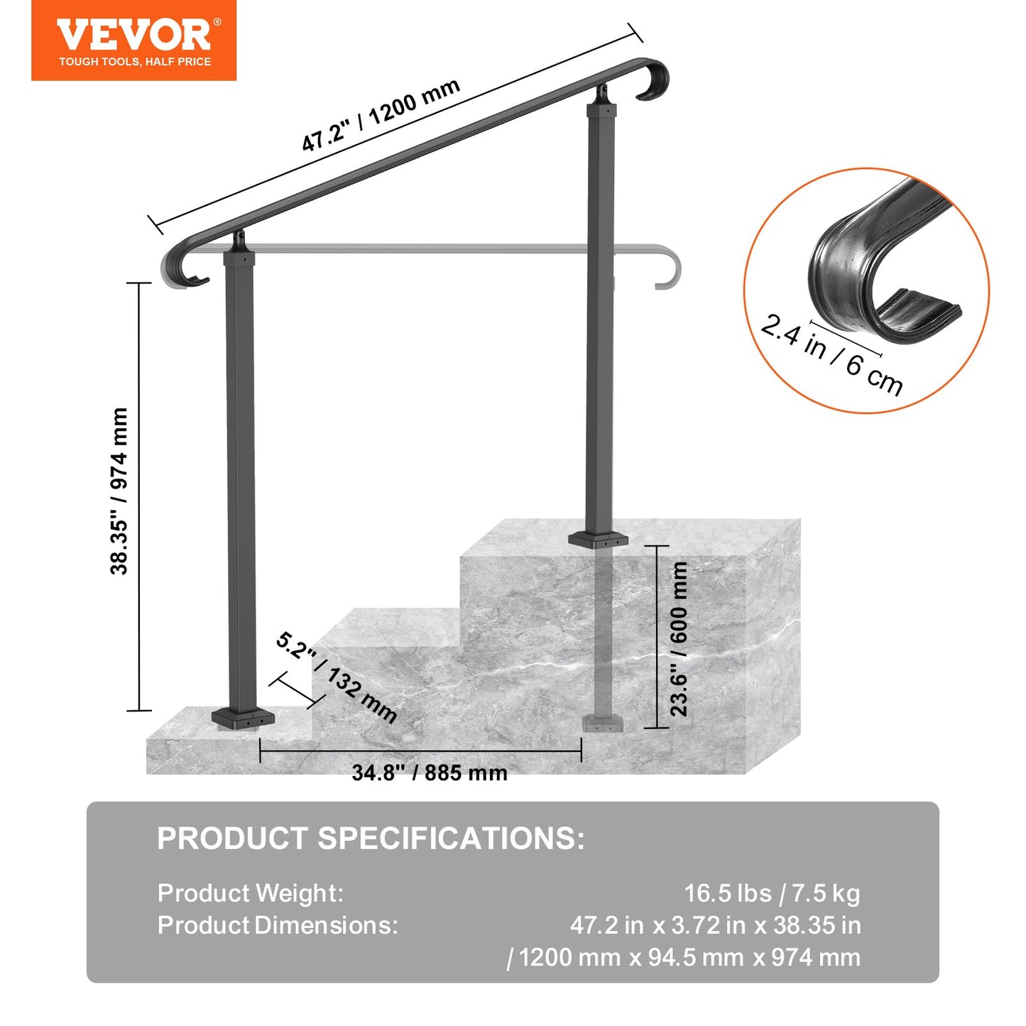 VEVOR Handrails for Outdoor Steps, Fit 1-3 Steps Wrought Iron Handrail, Outdoor Stair Railing, Adjustable Front Porch Hand Rail, Black Transitional Hand railings for Concrete Steps or Wooden Stairs