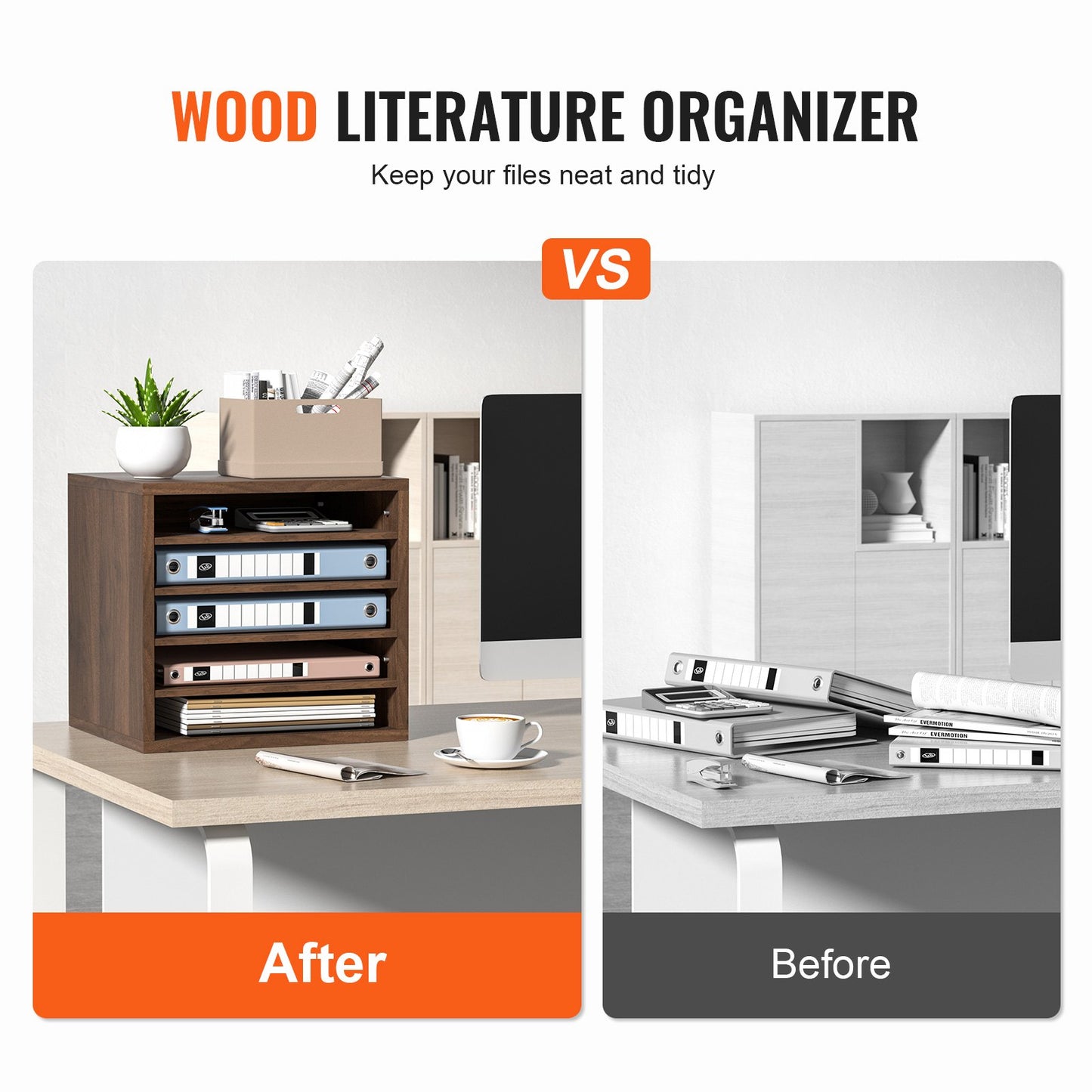 VEVOR Wood Literature Organizer Adjustable File Sorter 5 Compartments Brown