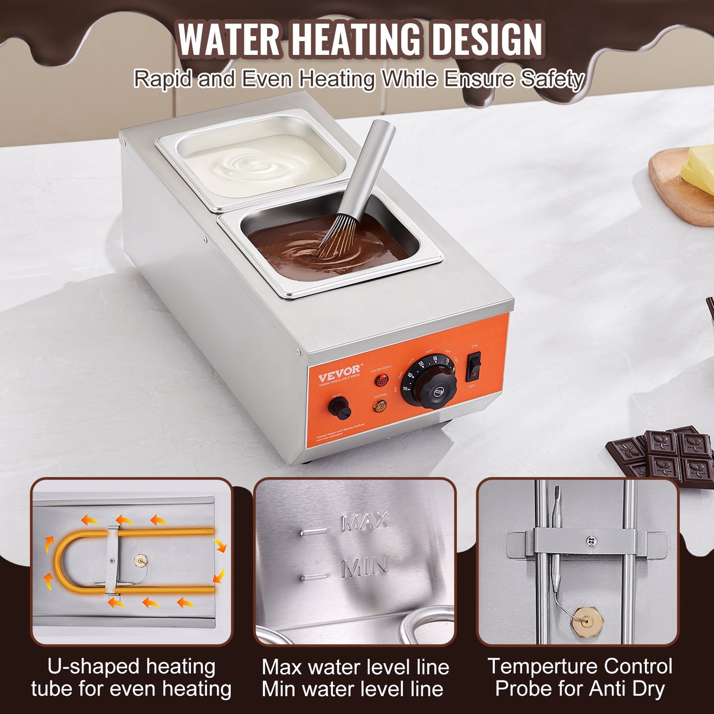 VEVOR Chocolate Tempering Machine, 2 Tanks Chocolate Melting Pot with TEMP Control, 800W Stainless Steel Electric Commercial Food Warmer For Chocolate/Milk/Cream Melting and Heating
