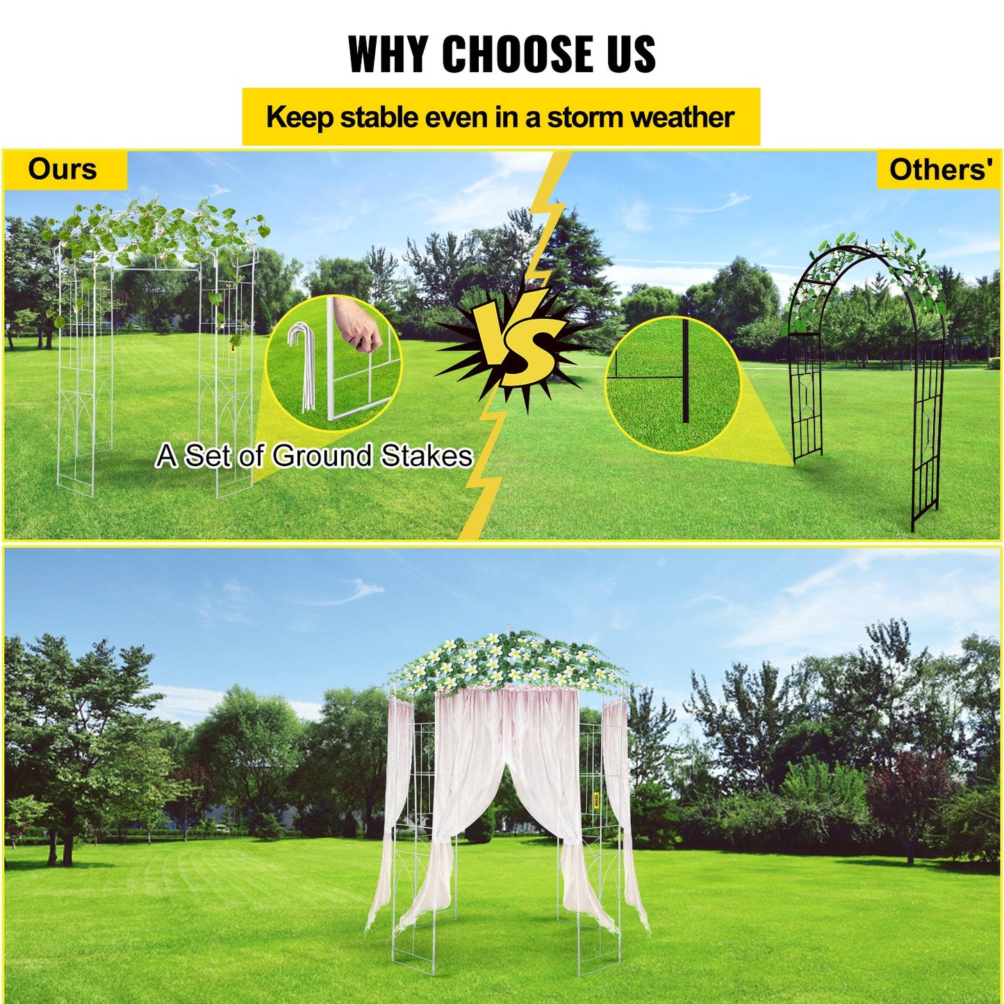VEVOR Birdcage Shape Garden Arbor, 9\' High x 6.6\' Wide, Heavy Duty Wrought Iron Arbor, Wedding Arch Trellis for Climbing Vines in Outdoor Garden, Lawn, Backyard, Patio, White