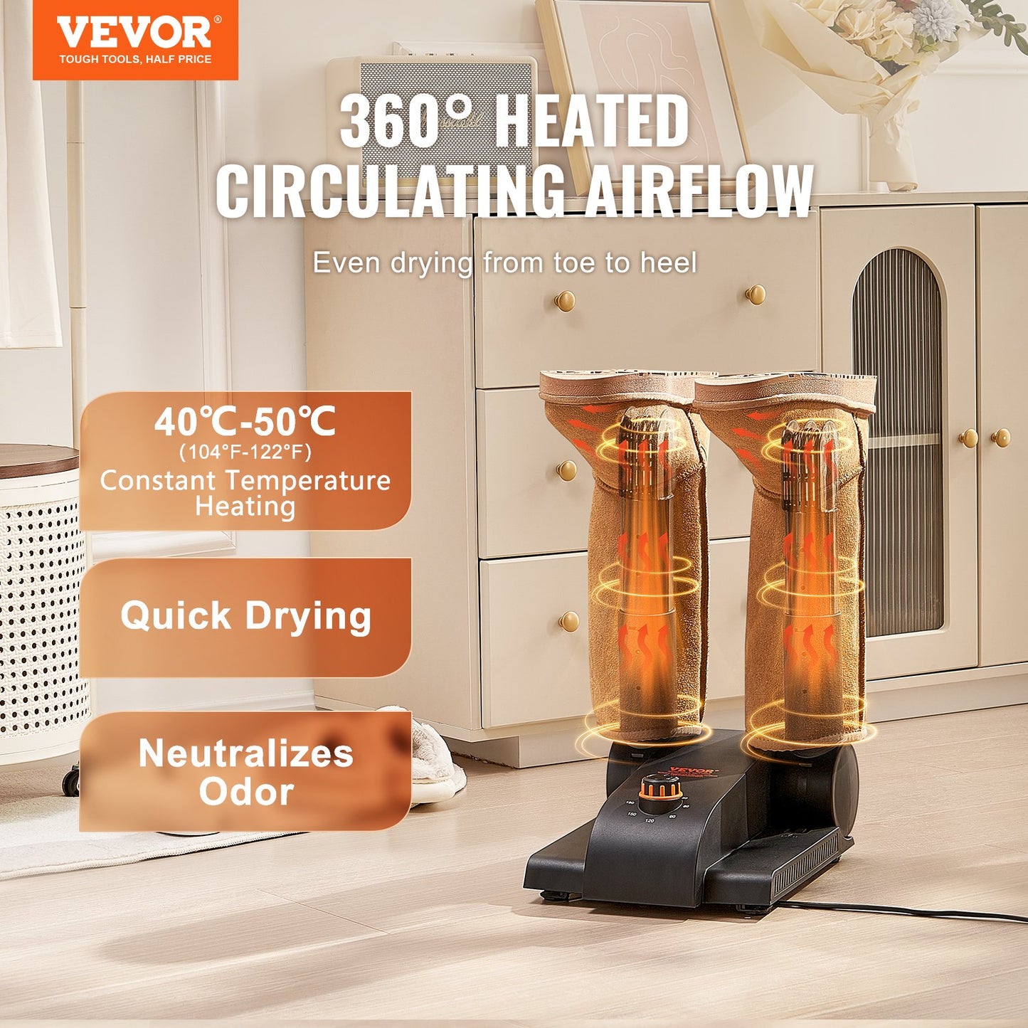 VEVOR Foldable 2-Tube Shoe Dryer Boot Dryer with Heat Blower Black & Orange