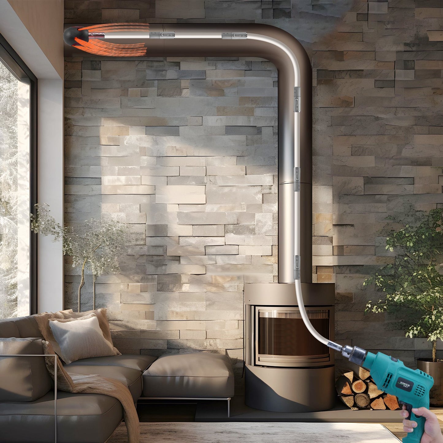 VEVOR 8 m Chimney Sweep Kit, w/ 8Reinforced Nylon Flexible Rods, Ergonomic Chimney Cleaning Brush, 360-Degree Brush Chimney Cleaner, Rich Accessories for Fireplace Flue Home Use Fits most Pipes