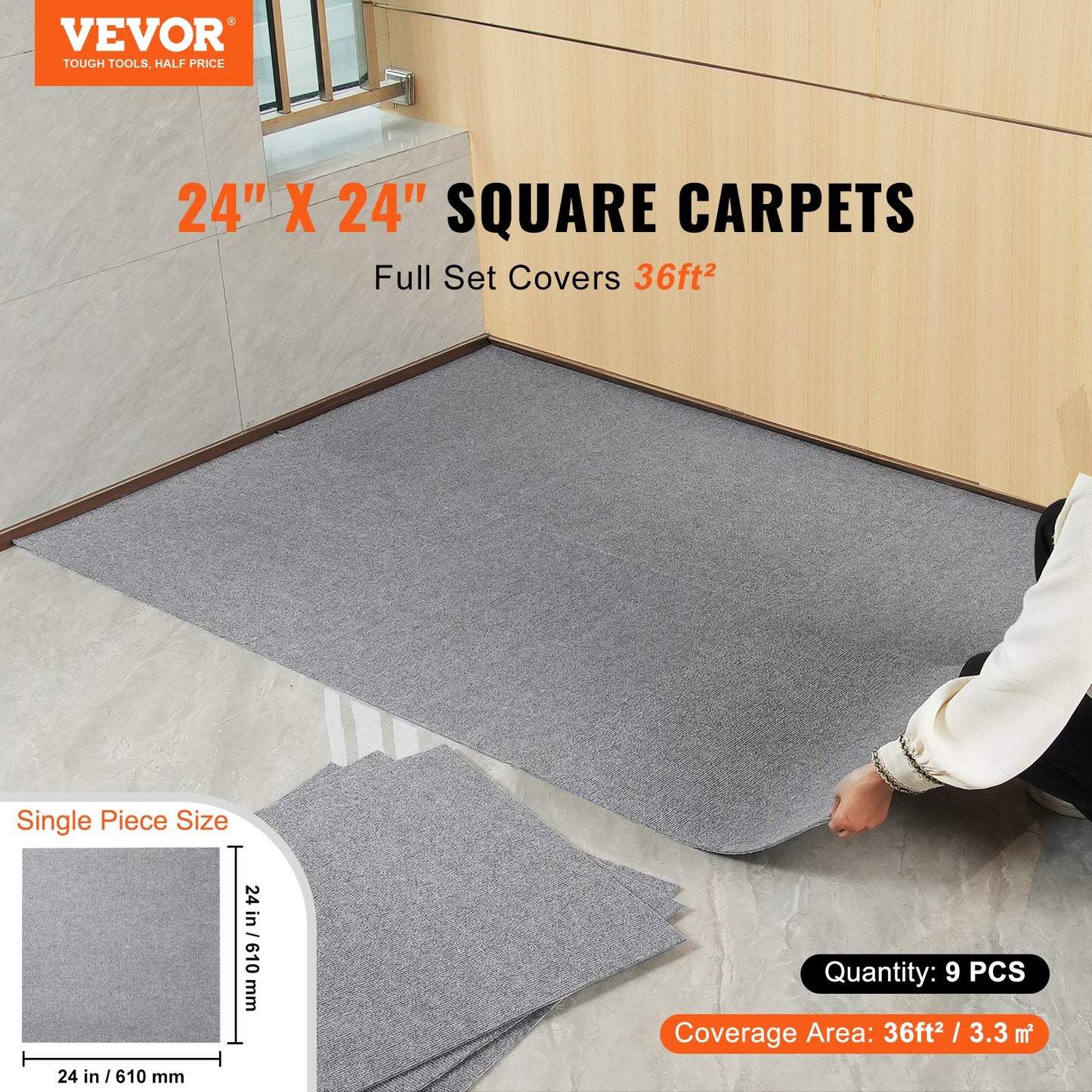 VEVOR Carpet Tiles Peel and Stick, Squares Self Adhesive Carpet Floor Tile, Soft Padded Carpet Tiles, Easy Install DIY for Bedroom Living Room Indoor Outdoor (9Tiles, Light Gray)