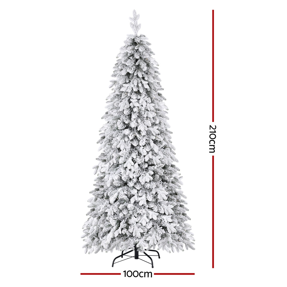 Jingle Jollys Christmas Tree 2.1m Flocking Pencil Tree LED Xmas 860 Tips White